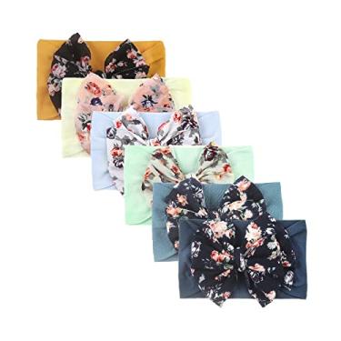 Imagem de Nishine Pacote com 6 faixas de cabeça fofas de nylon macias e elásticas para bebês meninas com laço e laço (conjunto azul-marinho - 6 peças)