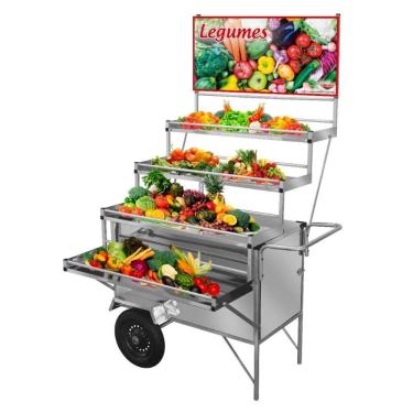 Imagem de Carrinho Expositor de Legumes em Inox com Rodas Pneumáticas e Guarda Sol