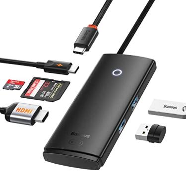 Imagem de Hub USB C Adaptador Multiportos, Baseus 6 em 1 Hub USB para Laptop com 4K HDMI, 100W PD, 2 compartimentos USB 3.0, compartimentos para cartão SD/TF, base USB C fina para MacBook Pro,