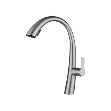 Imagem de Akitbahome Torneira de pia de cozinha com pulverizador de puxar, torneira de cozinha de arco alto de alça única aço inoxidável escovado