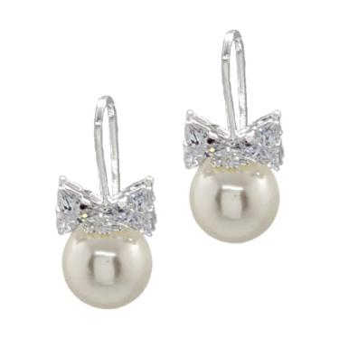 Imagem de Brinco Feminino Folheado a Prata Laço Cravejado Pérola Gancho - Caixa de Presente Luxo