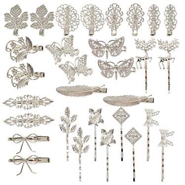 Imagem de Embalagem com 30 unidades/15 pares retrô vintage metal prata jacaré presilhas de cabelo presilhas de Bobby Pins folha flor borboleta acessórios para mulheres meninas