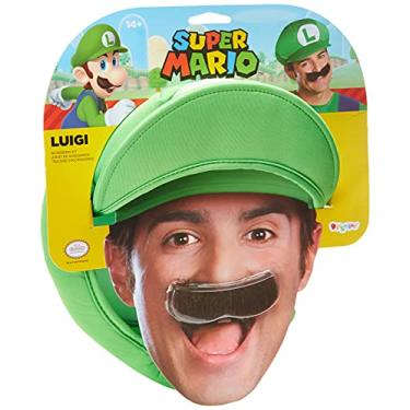 Imagem de Super Mario Bros. Luigi fantasia adulta chapéu e bigode tamanho único, Verde/branco/marrom, tamanho nico