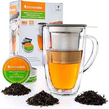 Imagem de Xícara de chá de vidro com infusor e tampa – Conjunto de presente – Infusor de chá de vidro de 473 ml – Copo de infusor de chá de parede dupla – Melhor caneca para chá de folhas soltas com infusor de aço inoxidável – Vem com amostra de chá