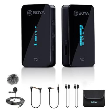 Imagem de BOYA Sistema de microfone de lapela sem fio de 2,4 GHz para câmera de telefone, microfones de lapela sem fio de canal duplo, microfone Lav para filmadora DSLR gravação de vídeo YouTube