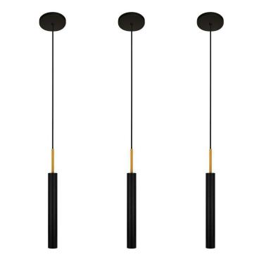 Imagem de Kit 3 Luminárias Pendente Tubo Teto Sala Preto Dourado 40Cm
