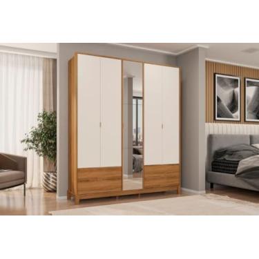 Imagem de Roupeiro/Guarda Roupas GRAF 2.00m 5 Portas + 4 Gavetas Com Corrediças Telescópicas Com Espelho na Porta Central Cor Nature/Off white