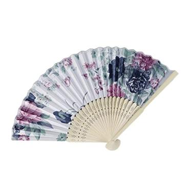 Imagem de Leque dobrável estilo chinês japonês leque de seda ventilador dobrável leque de casamento presentes de arte dança ventilador de mão vintage bambu dobrável ventilador de flores acessórios decorativos feitos à mão (cor: G)