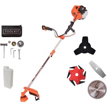 Imagem de Roçadeira a Gasolina Profissional com Motor de 65CC, Potência de 3HP, Equipada com Lâmina de 6 Pontas, 2 Pontas Facão e Disco de 80 Dentes, Inclui Kit Completo de Acessórios para Trabalho Eficiente