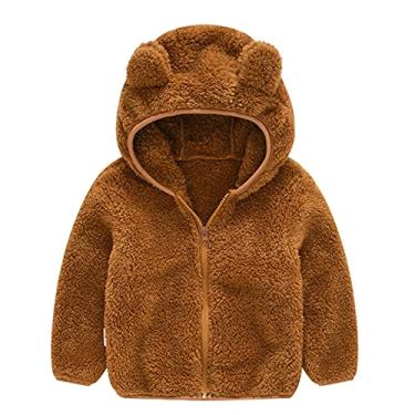 Imagem de Jaqueta de inverno tamanho 14 com capuz para bebês e crianças, casaco de lã grosso com zíper e jaqueta com óculos, Café, 3-4 Anos