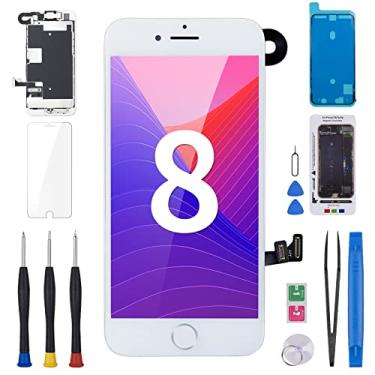 Imagem de BESJMYT Tela de substituição para iPhone 8 4,7 polegadas branca com botão Home Display LCD para iPhone SE 2nd 2020 digitalizador 3D Touch Assembly Kit de reparo câmera frontal alto-falante sensor Fix