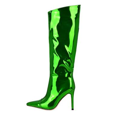 Imagem de Botas femininas cano alto sexy bico fino salto agulha bota couro envernizado zíper botas sociais, Verde, 6