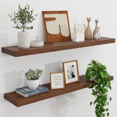 Imagem de Prateleiras flutuantes de carvalho natural para parede, 91 cm L x 20 cm P x 3 cm A, prateleiras de exibição de madeira rústica montadas na parede para sala de estar, banheiro, quarto, cozinha com