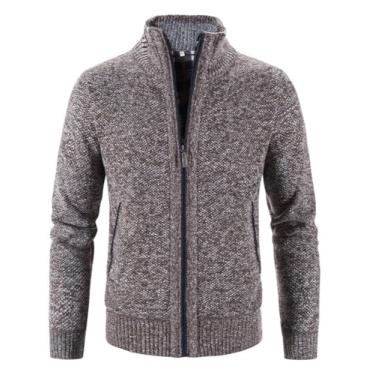 Imagem de Ruixinxue Jaqueta de malha masculina de lã, jaqueta de moletom com zíper, agasalho, gola alta, casaco de inverno, Café, 3G