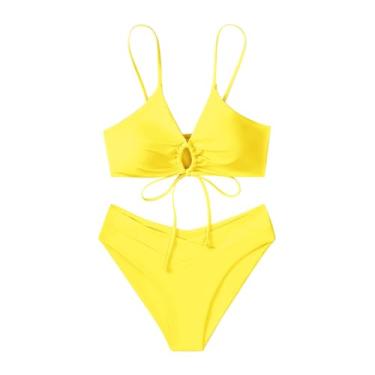 Imagem de MaMiDay Conjunto de biquíni de cintura alta para mulheres, duas peças, nó frontal, biquíni cruzado nas costas, estampa de girassol, roupa de banho, B04#amarelo, M