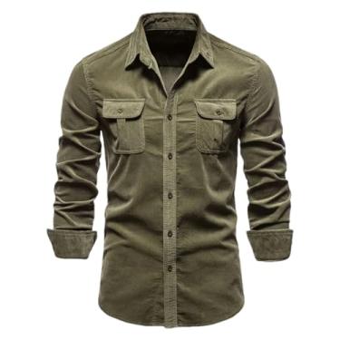 Imagem de BoShiNuo Camisas masculinas de veludo cotelê de algodão outono cor sólida slim fit casual manga longa camisa social para homens, En8, GG
