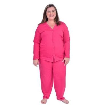 Imagem de Pijama Feminino De Frio Longo Inverno Plus Size Botões Malha-Feminino
