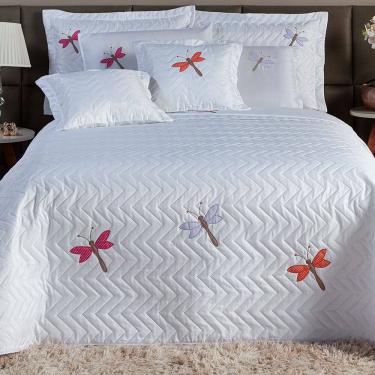 Imagem de Cobre Leito Casal Queen Size Matelado 3 Peças Bordado Libélula Branco