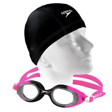 Imagem de Kit Natação Speedo Óculos Smart + Touca Xtrafit Tecido Resistente e Confortável (Óculos Rosa + Touca Preta)