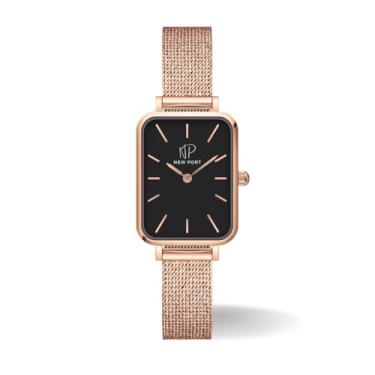 Imagem de Relógio Feminino Quadrado Elegante New Port Analógico Fundo Preto Pulseira Rosé