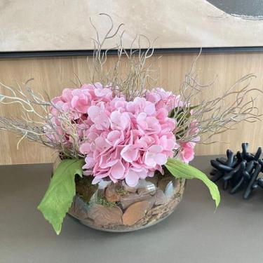 Imagem de Arranjo Grande Centro de Mesa Hortênsias Rosa Artificial Vaso Incolor 