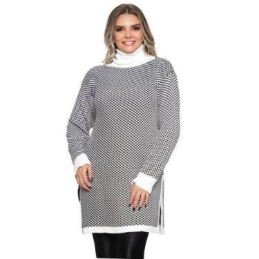 Imagem de Poncho Feminino de Tricô Mousse Xadrez Gola Alta  Plus Size - Ebenezer