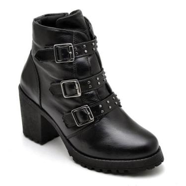 Imagem de Bota Coturno Feminina Couro Fívela Cano Médio Estilo Moda - Q&A, Preto