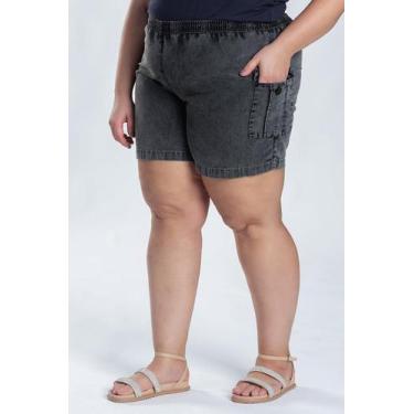 Imagem de Bermuda Feminina Plus Size Sarja Estonada Bolso Cargo Elástico Cintura