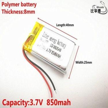 Imagem de 1 Unidade 802540 3,7v C/ 2 Fios 850mah 8mm X 25mm X 40mm - - KMIG