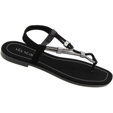 Imagem de Sandália de Dedo Via Scarpa Flat Aplique Strass Feminina, Preto, 37