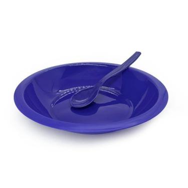 Imagem de Jogo prato e colher escolar azul polipropileno lanche merenda- kit 5 u