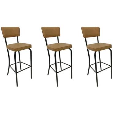 Imagem de Conjunto 3 Banquetas Olivia - Altura 65cm para Bar e Cozinha Preta com