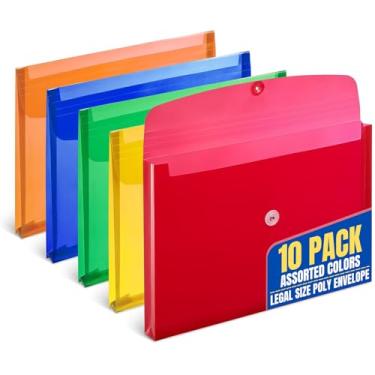 Imagem de 1InTheOffice Fecho de botão e cordão de envelopes de poliéster, carteira expansível, tamanho ofício, cores sortidas, pacote com 10