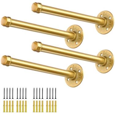 Imagem de Ihomepark Suportes De Prateleira De Tubo De Ouro De 10", Suporte De Prateleira Vintage De Metal Industrial, Suportes De Tubo De Ferro Faça Você Mesmo Montados Na Parede Para Prateleiras Flutuantes, Co