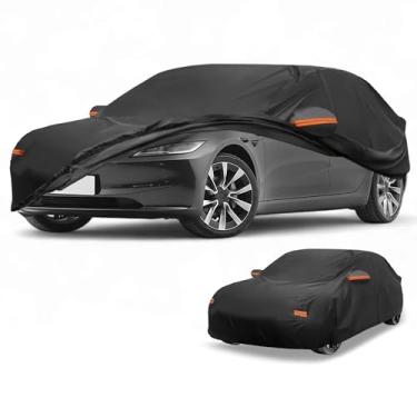 Imagem de Partuto Capa de carro à prova d'água para todos os climas, automotiva, externa, anti-UV, proteção contra chuva e sol, capa externa completa para Tesla Model 3 preta com tiras refletoras