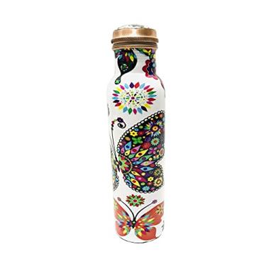 Imagem de Kunal Garrafa de água de cobre multiborboleta, 960 g, saúde Ayurveda sem articulações para viajar, beber navio, presente de Natal para ioga, aniversário, capacidade 1000 ml