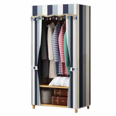 Imagem de Guarda-roupa Novo armário de guarda-roupa duplo reforçado engrossado madeira maciça pendurado guarda-roupa borla listra azul oxford pano tecido armário armário