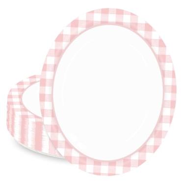 Imagem de HEIPINIUYE Pratos de papel ovais guingão rosa claro com 50 unidades, 25,4 x 30,5 cm, grandes pratos descartáveis para churrasco, bandeja quadriculada para servir suprimentos de festa