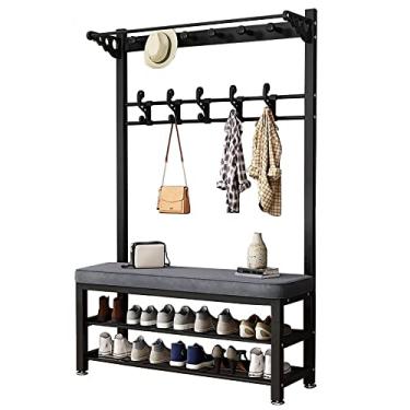 Imagem de Cabide para cabide de cabide 3 em 1 com banco de sapatos, 182 cm com banco de armazenamento, organizador de prateleira de armazenamento de entrada com 9 ganchos