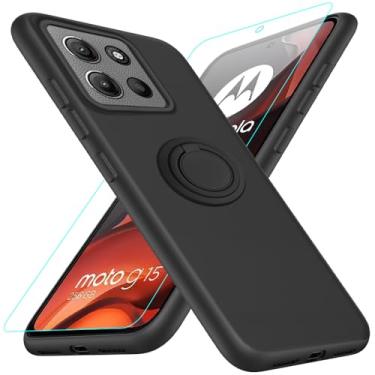 Imagem de Capa para celular Motorola Moto G15 com protetor de tela de vidro, suporte de anel giratório de 360° com suporte/suporte de silicone TPU Slim Fit à prova de choque capa protetora para Motorola Moto