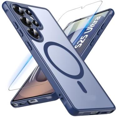 Imagem de Capa magnética para OWKEY para Galaxy S25 Ultra de 6,86 polegadas, para Magsafe, com tela de vidro temperado, [à prova de choque de nível militar], traseira preta fina transparente, azul