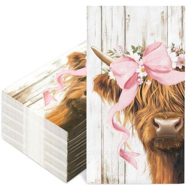 Imagem de AnyDesign Guardanapos de papel de vaca Highland para convidados com laço rosa animal guardanapo de banheiro rústico grão de madeira fazenda guardanapo de toalha de mão descartável para suprimentos de