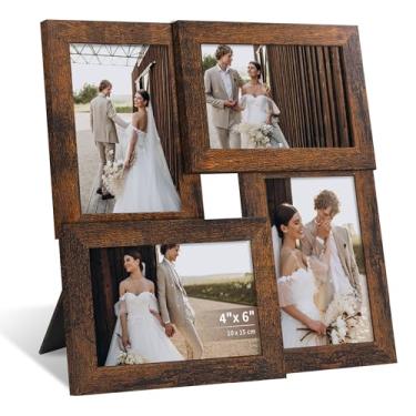 Imagem de SZYUU Moldura de colagem de 10 x 15 cm, 4 molduras para fotos com vidro verdadeiro, porta-retratos de família para pendurar na parede ou exibição de mesa, marrom rústico