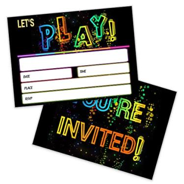 Imagem de SHLINCO Convite de festa de aniversário neon brilhante com envelopes, 20 convites de festa neon para meninos meninas crianças, artigos de festa - preto