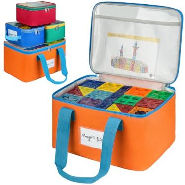 Imagem de 4 pacotes de sacos magnéticos de armazenamento, caixa de armazenamento de azulejos magnéticos, estojo organizador de brinquedos com bolso de malha e bolso para etiqueta para construção de ímãs, jogos