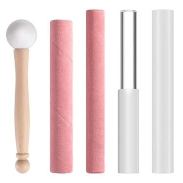 Imagem de Nuanchu O conjunto de 5 peças de martelo de cristal inclui bastão de som sólido e oco de pele de carneiro, martelo de borracha com cabo de madeira, acrílico transparente para brincar (rosa)