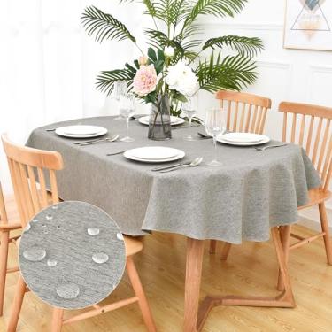 Imagem de Toalha de mesa oval de linho sintético rústico, impermeável, cinza, toalha de mesa, lavável, para casa, cozinha, sala de jantar, banquete, interior, exterior, 152 x 213 cm