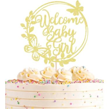 Imagem de AHAORAY Topo de bolo Welcome Baby Girl - Decorações de bolo de chá de bebê com glitter em ouro rosa, para chá de bebê, festa de aniversário/adereços de cabine de fotos para festa de revelação de