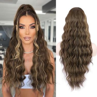 Imagem de NOSTALGIA Extensão De Rabo Cavalo Marrom 26" Longo Cacheado Ondulado Com Cordão Extensões Cabelo Sintético Para Mulheres Uso Diário Mechas Loiras