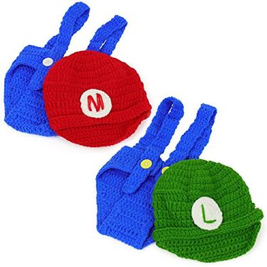 Imagem de Armycrew Mario and Luigi Conjunto infantil de 2 peças, chapéu e calça de crochê, Marioluigi, pacote com 2, One Size